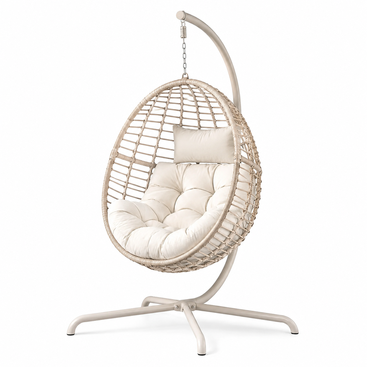 Freistehender Hängesessel mit Gestell, Sitzpolster und Kopfkissen, 105 × 105 × 195 cm, Beige/Creme
