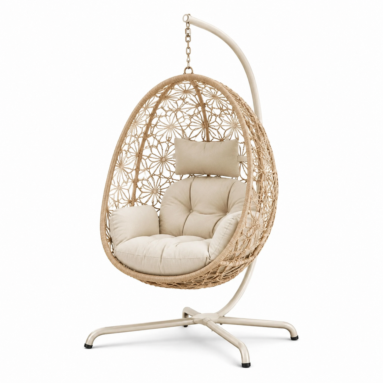 Freistehender Hängesessel mit Stahlgestell und Polsterung, 105 × 105 × 195 cm, Beige/Creme, Boho-Stil